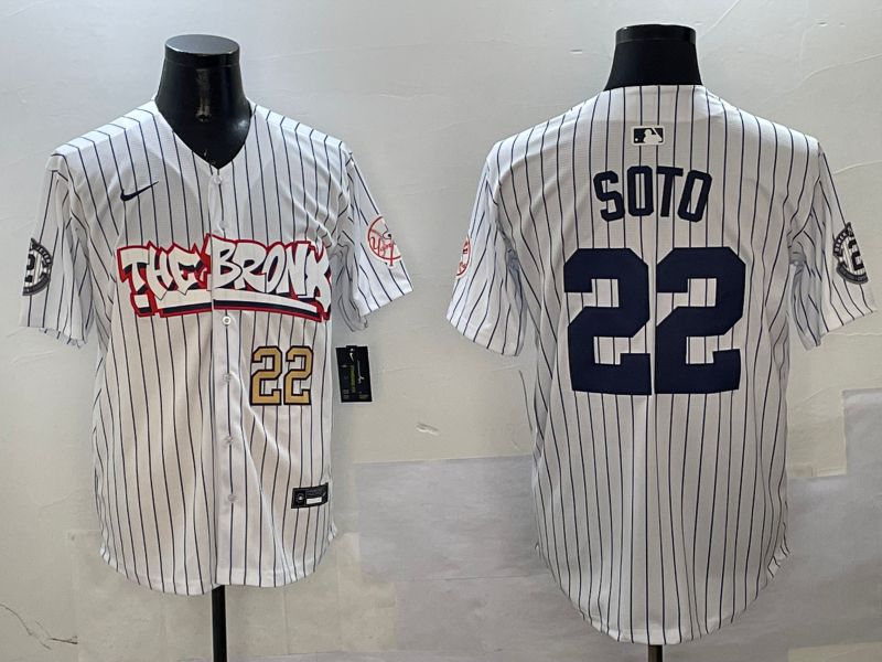 Men New York Yankees 22 Soto White Stripe four generations Joint Name 2025 Nike MLB Jersey style 5